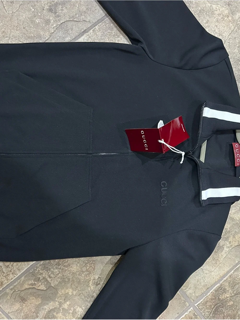 Men's Gucci jersey technical, zip up jacket, web, trim, size medium made Italy